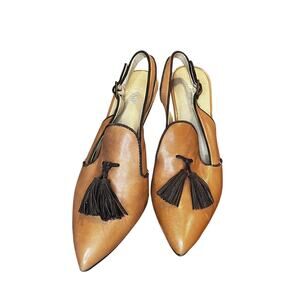 Levity Shoes Womens Size 7.5 Brown Leather Tassel Loafer Heels Slingback Pumps